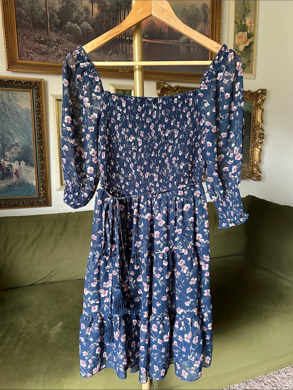 Baltic Born Smocked Navy Floral Dress with Puff Sleeves